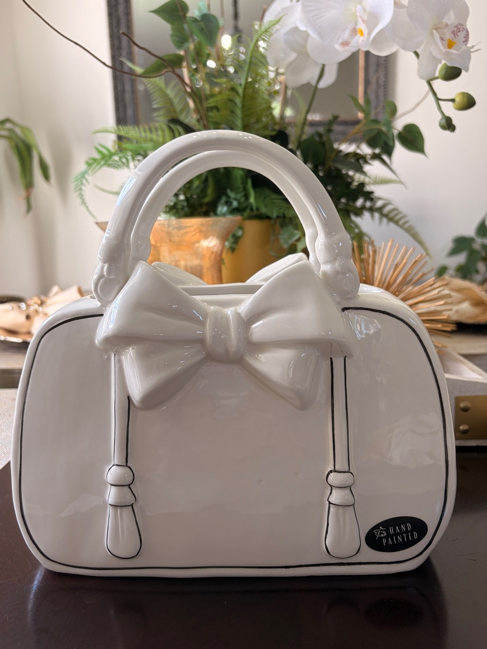 Hand-Painted Ceramic Bow Accent White Women's Bag Décor- Large 10” x 10”